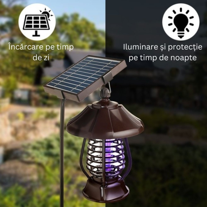 Lampa solara pentru gradina, anti-insecte, tantari, muste, UV, LED, material ABS, putere 5W, 1.2 V, autonomie 8 ore, 2 moduri de functionare, IP65, electric shock 380 volti, 30 x 19.5 cm, maro [9]