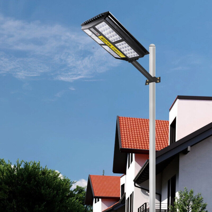 Lampa solara stradala , cu telecomanda, senzor de miscare si lumina, suport prindere, 280 LED-uri, IP65, ABS, 12AH, 500W, temperatura culoare 6500K, 44.5x37.7x6.6 cm, autonomie 10-12 ore, negru [4]