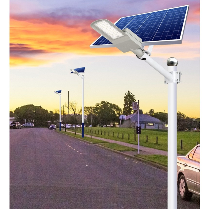 Lampa solara stradala , IP65, senzor de lumina, 60 LED-uri SMD, 2250 lm, panou 25W, putere 200W, autonomie 12-16 ore, telecomanda, montare prin fixare, pentru strada sau gradina, finisaj mat, material ABS, 51.5 x 21 x 7.5, gri [7]