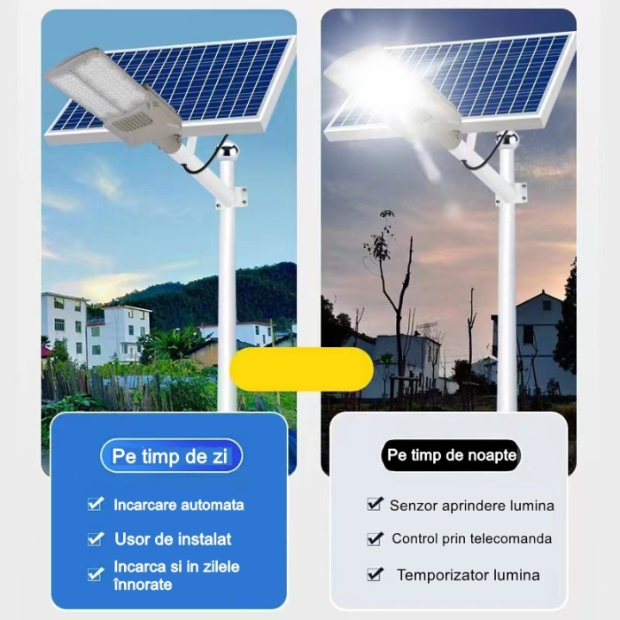 Lampa solara stradala , pentru curte sau strada, cu doua grile, finisaj mat, rezistent la apa, montare prin fixare, senzor lumina, baterie de litiu, IP65, lumina rece, putere 300W, autonomie 10 ore, 51.5 x 21 cm, gri [3]