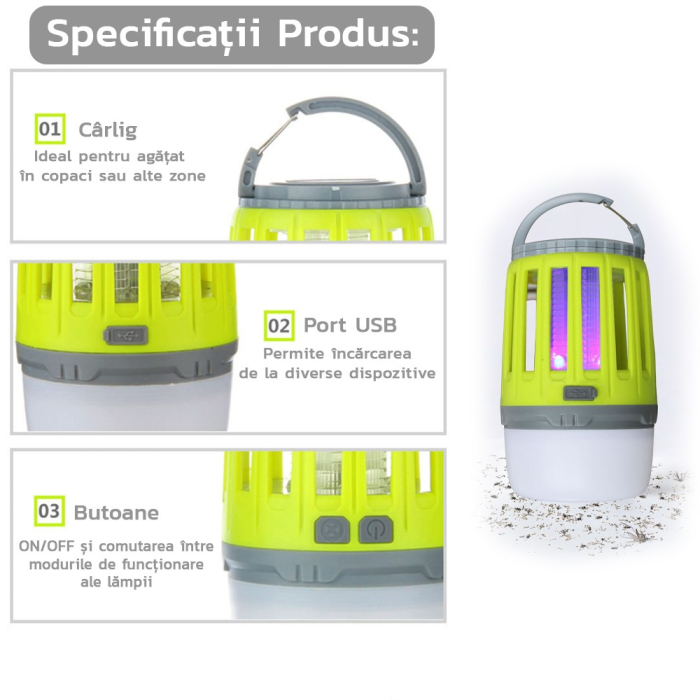 Lampă UV antiinsecte , anti muste, anti tantari, Conectare la priza prin USB, portabil, 3.7 V, 200 lumeni, 8.5 x 13.3 cm, Verde [3]