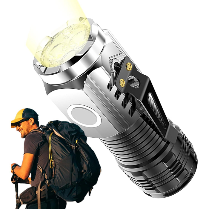 Lanterna cu 3 Nuclee Led, , Incarcare USB, Autonomie 4-20h, Raza Maxima 100-200 m, 5W, 4 x 4 x 9 cm, Suport de Agatat, Fund Magnetic, Argintiu [2]