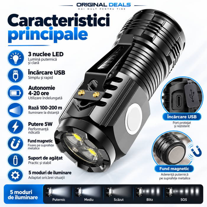 Lanterna LED ORIGINAL DEALS 5W, 500 lm, USB, magnet, IPX4, 5 moduri, negru [5]