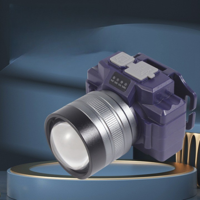 Lanterna LED de Montat pe Cap, , cu Raza Lunga de Zoom, Far Telescopic, Reglabil, Rezistent la Apa, pentru Pescuit in Aer Liber, Camping, Lumina Puternica, Lanterna, 7.5x5x7 cm, Albastru [3]