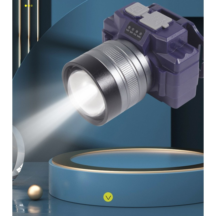 Lanterna LED de Montat pe Cap, , cu Raza Lunga de Zoom, Far Telescopic, Reglabil, Rezistent la Apa, pentru Pescuit in Aer Liber, Camping, Lumina Puternica, Lanterna, 7.5x5x7 cm, Albastru [10]