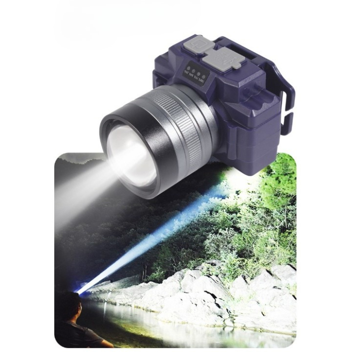 Lanterna LED de Montat pe Cap, , cu Raza Lunga de Zoom, Far Telescopic, Reglabil, Rezistent la Apa, pentru Pescuit in Aer Liber, Camping, Lumina Puternica, Lanterna, 7.5x5x7 cm, Albastru [8]