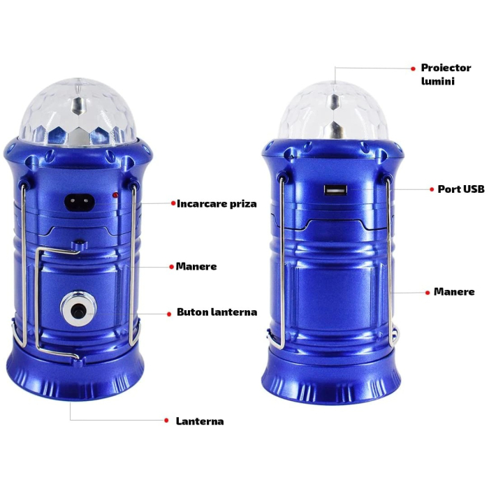 Lanternă pliabilă de camping Magic cool cu ​​lampă disc și USB , Lanterna, Felinar, Acumulator 1200 mAh, reincarcabila, 6 LED + 1 W + 3C culori, Albastru [4]