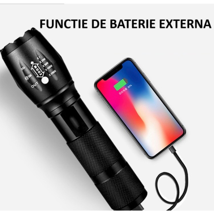 Lanterna Power Bank LED, , Incarcare USB, Raza 300m, 5W, Model T9 Telescopic 14.7 -15.7 cm, Functie Zoom si Incarcare Telefon, Negru [7]