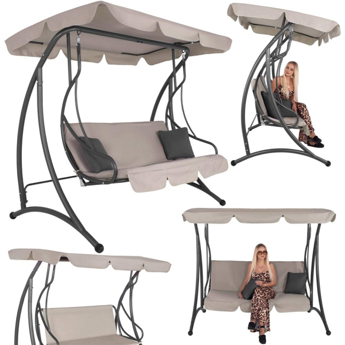 Leagan de gradina 190x115x176 cm, pentru 3 persoane, copertina reglabila, perne incluse, cadru otel si material impermeabil, bej [2]