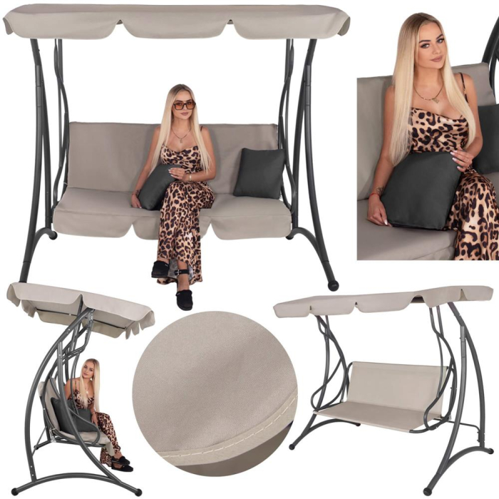 Leagan de gradina 190x115x176 cm, pentru 3 persoane, copertina reglabila, perne incluse, cadru otel si material impermeabil, bej [3]