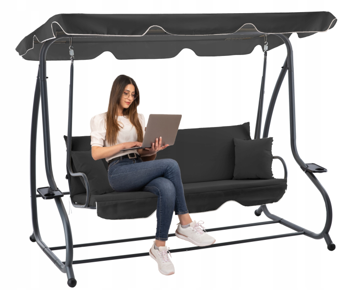 Leagan gradina 3 locuri cu baldachin reglabil, perne si suport pahare, 210x120x170 cm, gri inchis [6]