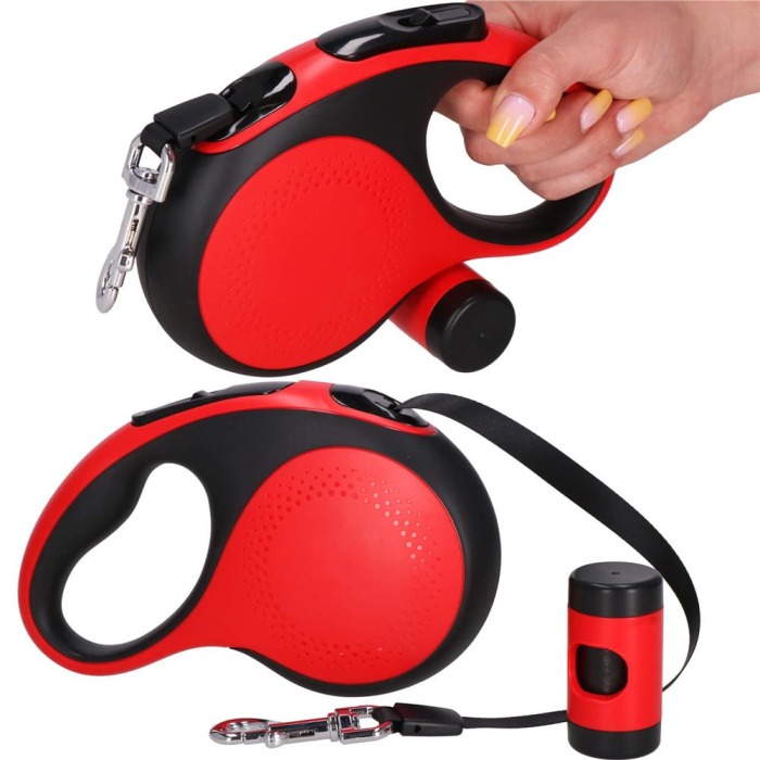 Lesa automata retractabila, pentru rase mari pana la 50kg, 500 cm, suport saci, negru rosu [6]