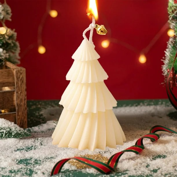 Lumanare de Craciun Parfumata, , Lumanare Rotativa cu Aromaterapie, Model Brad de Craciun forma Lunga, din Ceara de Soia, 11 x 8 x 8 cm, Alb [4]