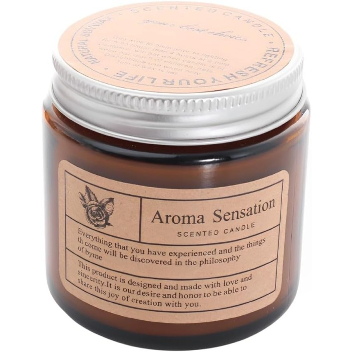 Lumanare Parfumata, , Model Borcan Maro, Aroma de Frezie si Pere, din Ceara Vegetala, 6 x 6.5 x 6.5 cm, Maro [3]