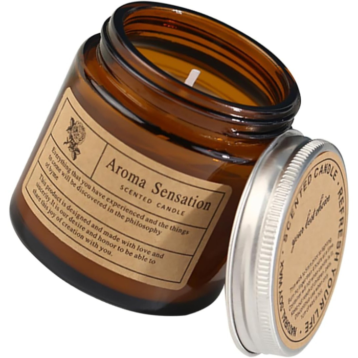 Lumanare Parfumata, , Model Borcan Maro, Aroma de Lemn de Santal, din Ceara Vegetala, 6 x 6.5 x 6.5 cm, Maro [6]