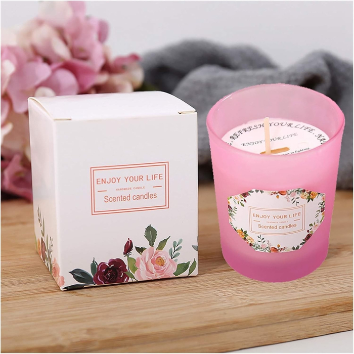 Lumanare Parfumata, , Model Pahar Roz, Aroma de Lamaie si Trandafir, din Ceara de Soia, 6.2 x 5.2 cm, Roz [5]