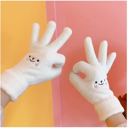 Manusi Dama, , Model Fata Zambitoare, Functie Touchscreen (ecran tactil), Material Lana Brodata, Manseta Elastica, Interior Pufos, Marime Universala, Alb [6]