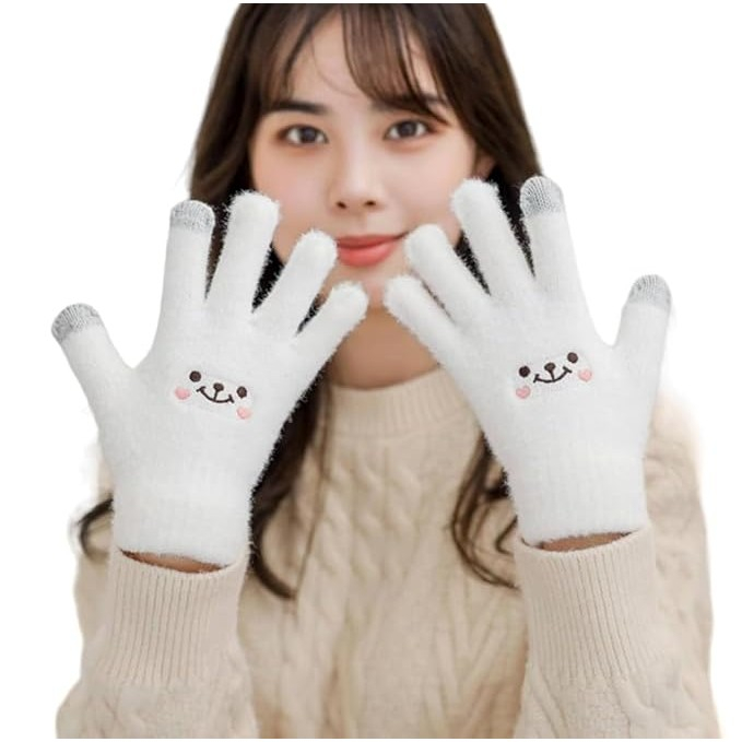 Manusi Dama, , Model Fata Zambitoare, Functie Touchscreen (ecran tactil), Material Lana Brodata, Manseta Elastica, Interior Pufos, Marime Universala, Alb [5]