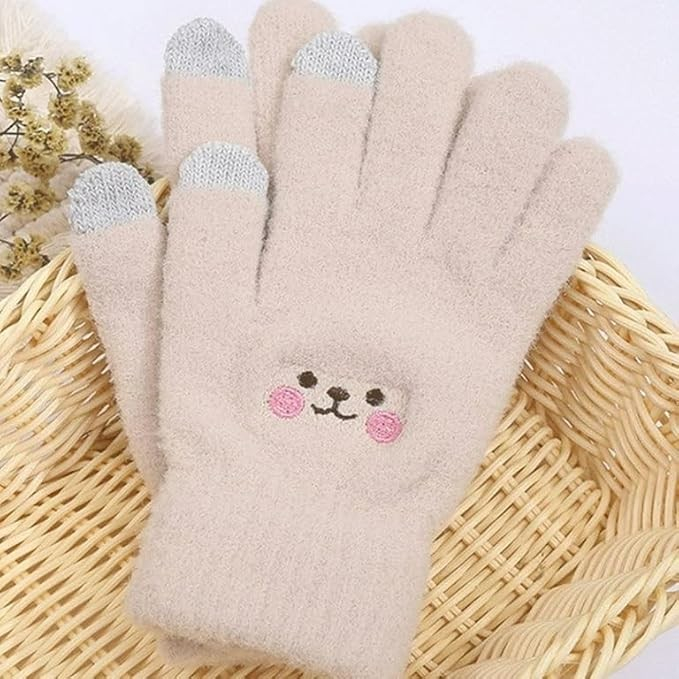 Manusi Dama, , Model Fata Zambitoare, Functie Touchscreen (ecran tactil), Material Lana Brodata, Manseta Elastica, Interior Pufos, Marime Universala, Bej [3]