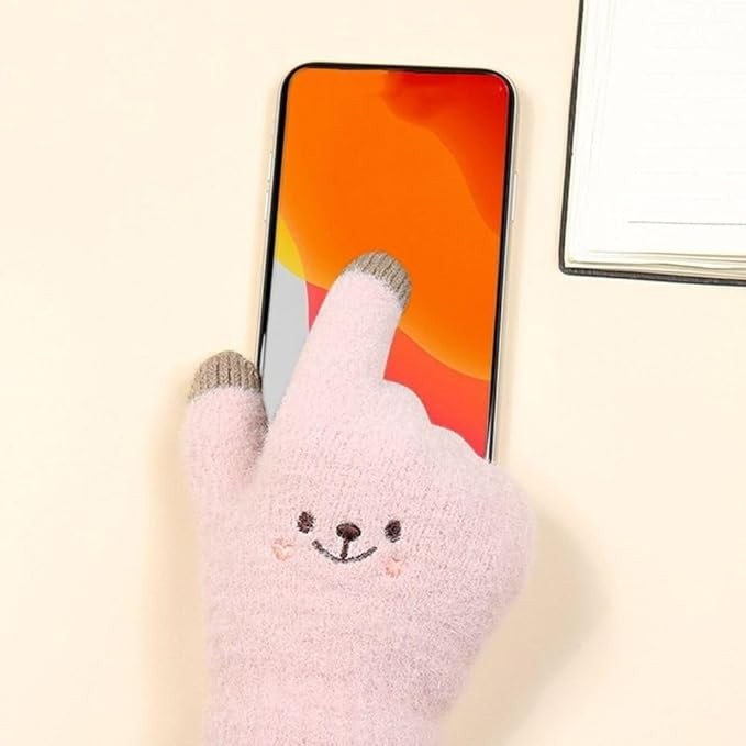 Manusi Dama, , Model Fata Zambitoare, Functie Touchscreen (ecran tactil), Material Lana Brodata, Manseta Elastica, Interior Pufos, Marime Universala, Roz [5]