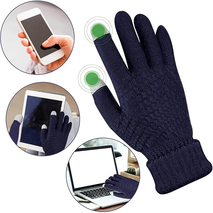 Manusi de Dama, , Functie Touchscreen (ecran tactil), Material Acril Tricotat, Manseta Elastica, Interior Catifelat, Marime Universala, Albastru Marin [3]