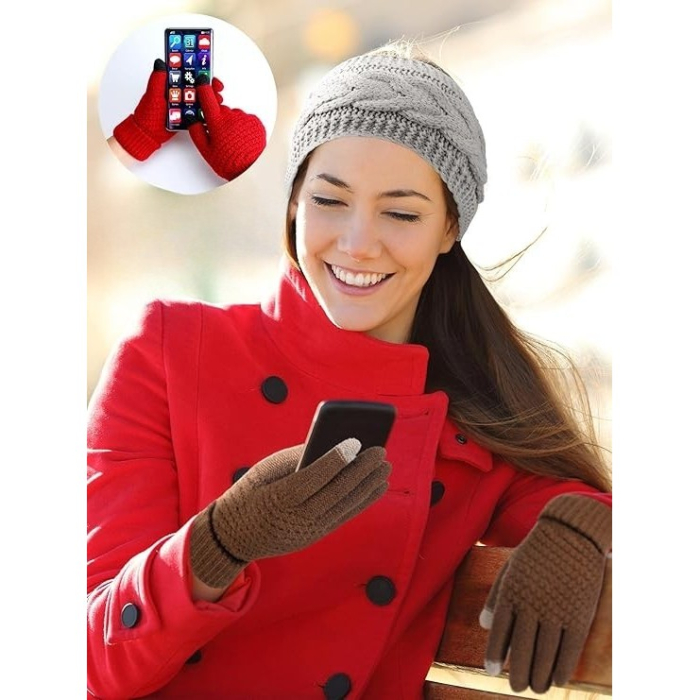 Manusi de Dama, , Functie Touchscreen (ecran tactil), Material Acril Tricotat, Manseta Elastica, Interior Catifelat, Marime Universala, Maro [3]