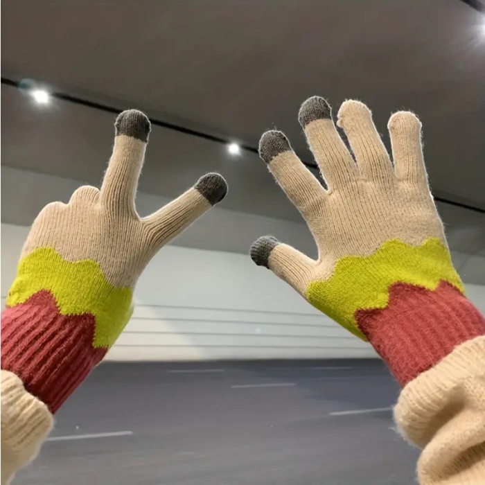 Manusi de Dama, , Model Ondulat, Functie Touchscreen (ecran tactil), Material Acril Tricotat, Manseta Elastica, Interior Catifelat, Marime Universala, Galben/Roz [6]