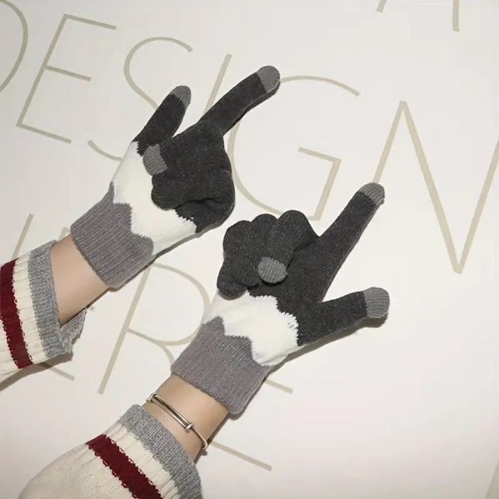 Manusi de Dama, , Model Ondulat, Functie Touchscreen (ecran tactil), Material Acril Tricotat, Manseta Elastica, Interior Catifelat, Marime Universala, Gri/Alb [6]