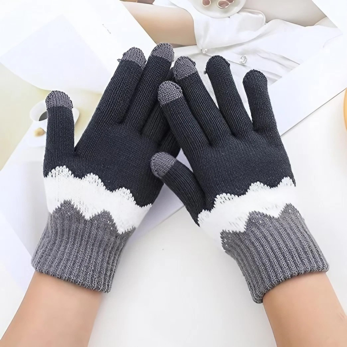 Manusi de Dama, , Model Ondulat, Functie Touchscreen (ecran tactil), Material Acril Tricotat, Manseta Elastica, Interior Catifelat, Marime Universala, Gri/Alb [4]