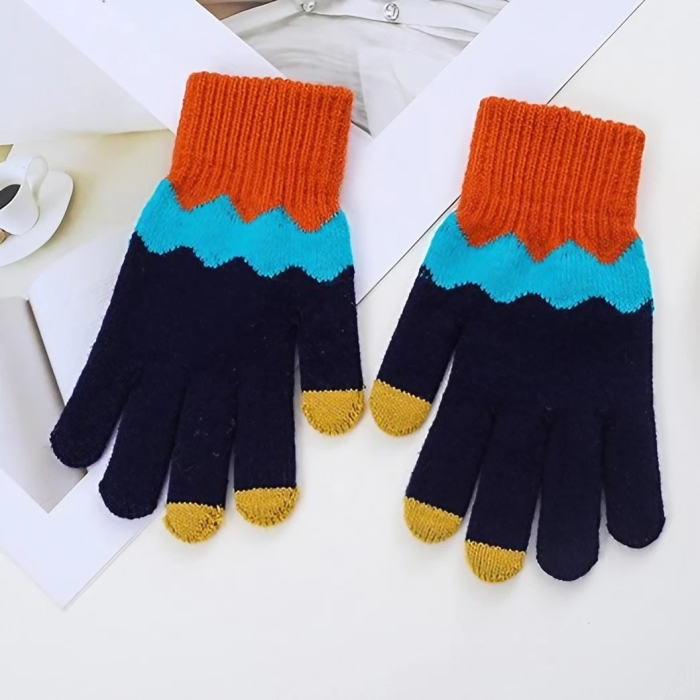 Manusi de Dama, , Model Ondulat, Functie Touchscreen (ecran tactil), Material Acril Tricotat, Manseta Elastica, Interior Catifelat, Marime Universala, Portocaliu/Albastru [8]