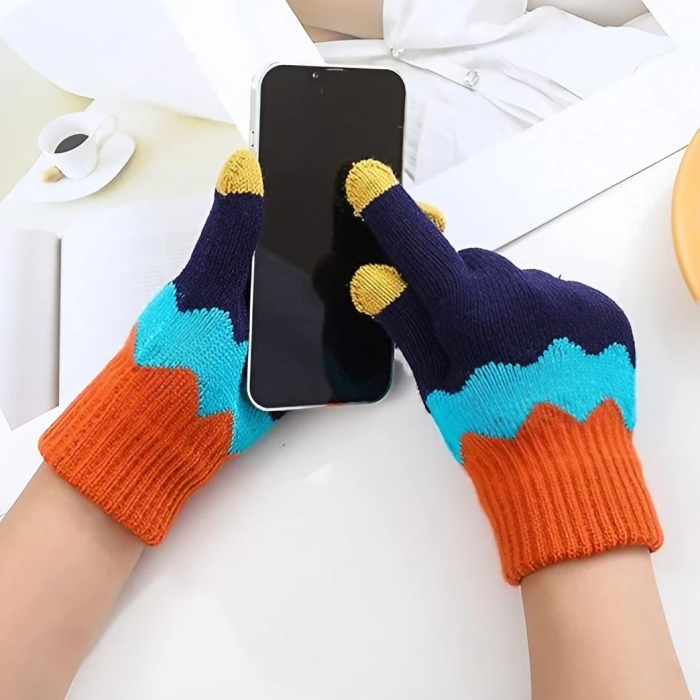 Manusi de Dama, , Model Ondulat, Functie Touchscreen (ecran tactil), Material Acril Tricotat, Manseta Elastica, Interior Catifelat, Marime Universala, Portocaliu/Albastru [9]