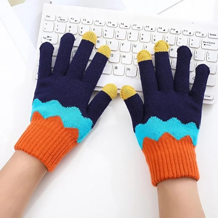 Manusi de Dama, , Model Ondulat, Functie Touchscreen (ecran tactil), Material Acril Tricotat, Manseta Elastica, Interior Catifelat, Marime Universala, Portocaliu/Albastru [7]