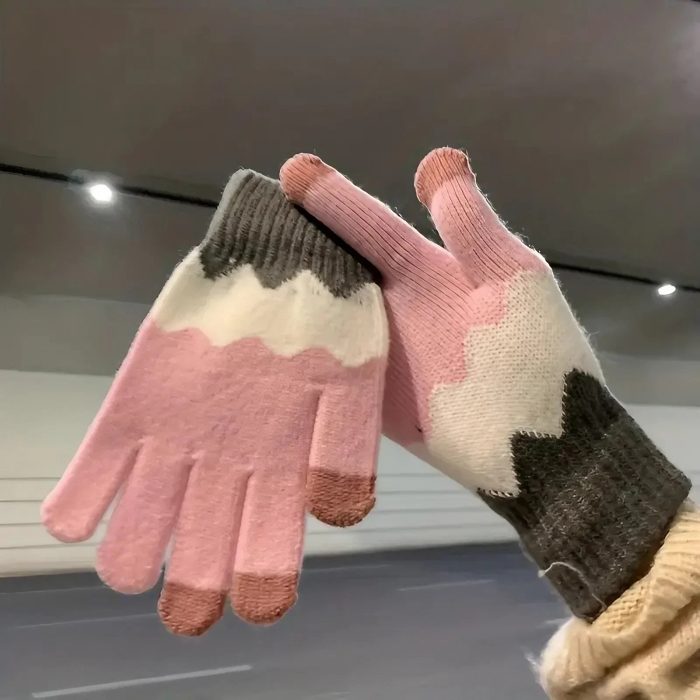 Manusi de Dama, , Model Ondulat, Functie Touchscreen (ecran tactil), Material Acril Tricotat, Manseta Elastica, Interior Catifelat, Marime Universala, Roz/Gri [4]