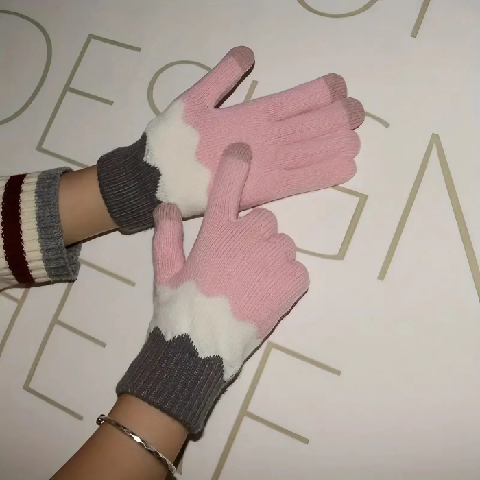 Manusi de Dama, , Model Ondulat, Functie Touchscreen (ecran tactil), Material Acril Tricotat, Manseta Elastica, Interior Catifelat, Marime Universala, Roz/Gri [6]