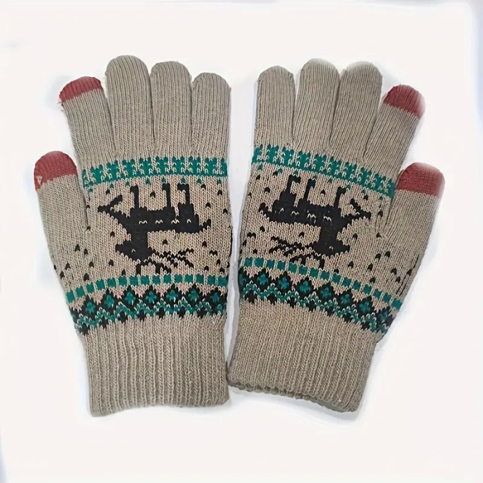 Manusi de Dama, , Model Ren, Functie Touchscreen (ecran tactil), Material Acril Tricotat, Manseta Elastica, Interior Catifelat, Marime Universala, Kaki [8]