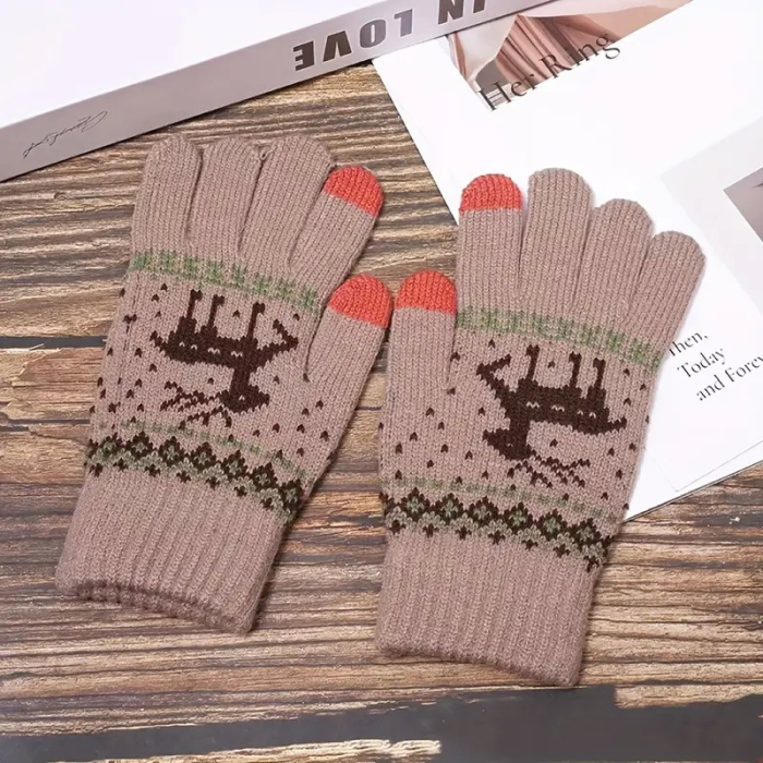 Manusi de Dama, , Model Ren, Functie Touchscreen (ecran tactil), Material Acril Tricotat, Manseta Elastica, Interior Catifelat, Marime Universala, Kaki [10]