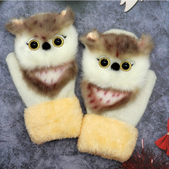 Manusi de Plus pentru Copii, , de Iarna, Groase, Moi, Calduroase, Model Animat Bufnita Alba [2]