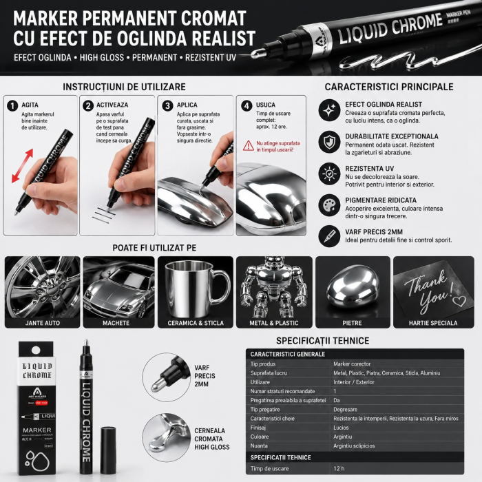 Marker Vopsea Chrome cu Efect Metalic Permanent, Varf Rotund 2mm, Uscare 12H, ORIGINAL DEALS [3]