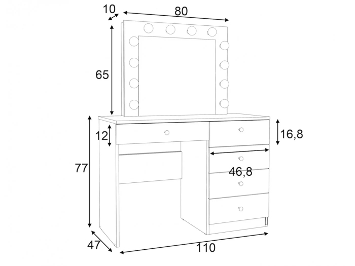 Masa de toaleta si machiaj Cristal 12 LED cu oglinda si 5 sertare, 110x47x77 cm, alb [10]