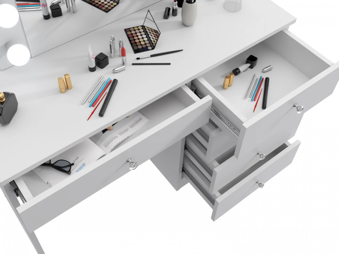 Masa de toaleta si machiaj Cristal 12 LED cu oglinda si 5 sertare, 110x47x77 cm, alb [9]