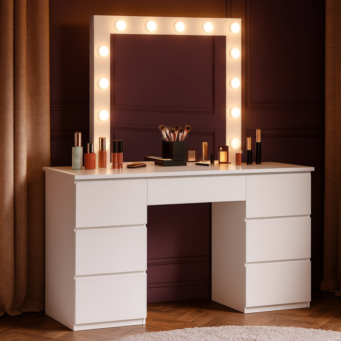 Masa de toaleta si machiaj, cu oglinda LED si 7 sertare, 132x43x152 cm, alb [1]