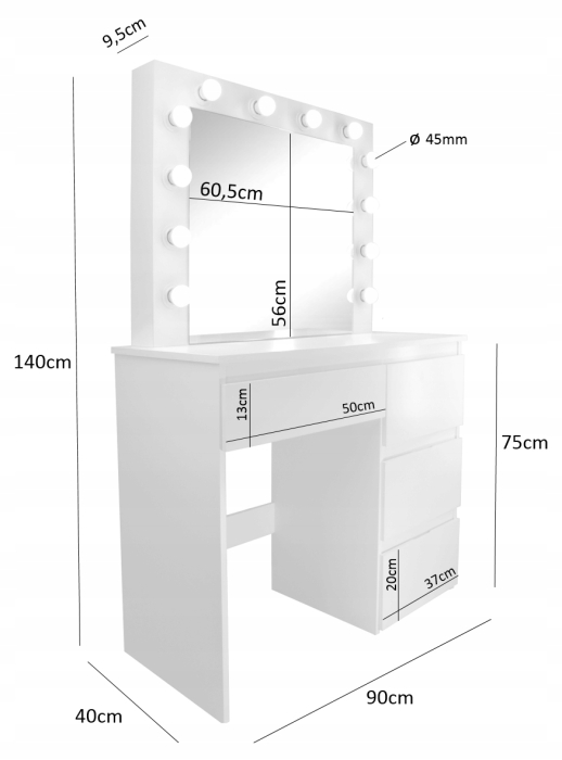 Masa de toaleta si machiaj Hollywood Pro, alba, cu 4 sertare, oglinda si 12 LED-uri, 90x40x140 cm [3]