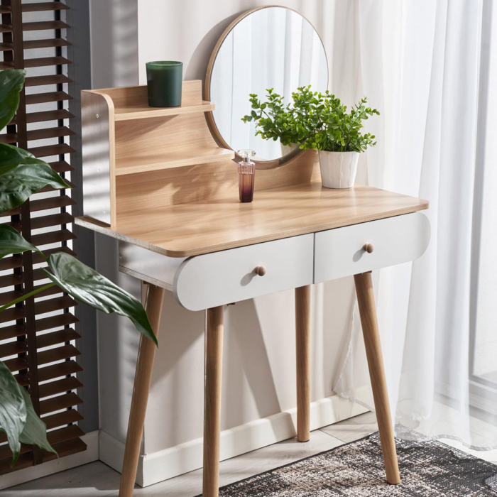 Masa de toaleta si machiaj Ravena, alb fag, cu 2 sertare, oglinda, 80x40x122 cm [1]