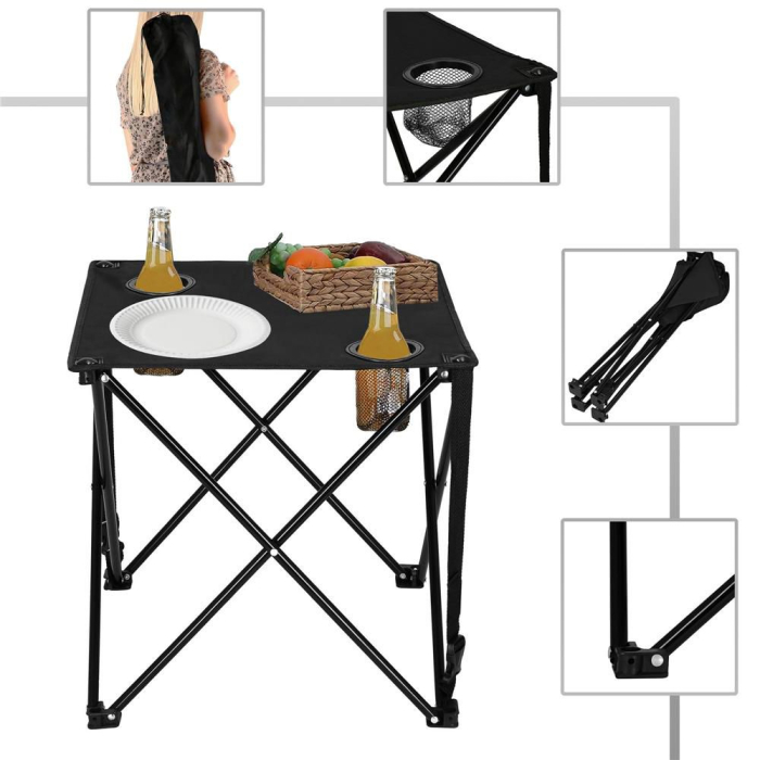 Masa plianta camping sau pescuit, cu 2 suporturi pahar, 46x46x45 cm, negru [14]