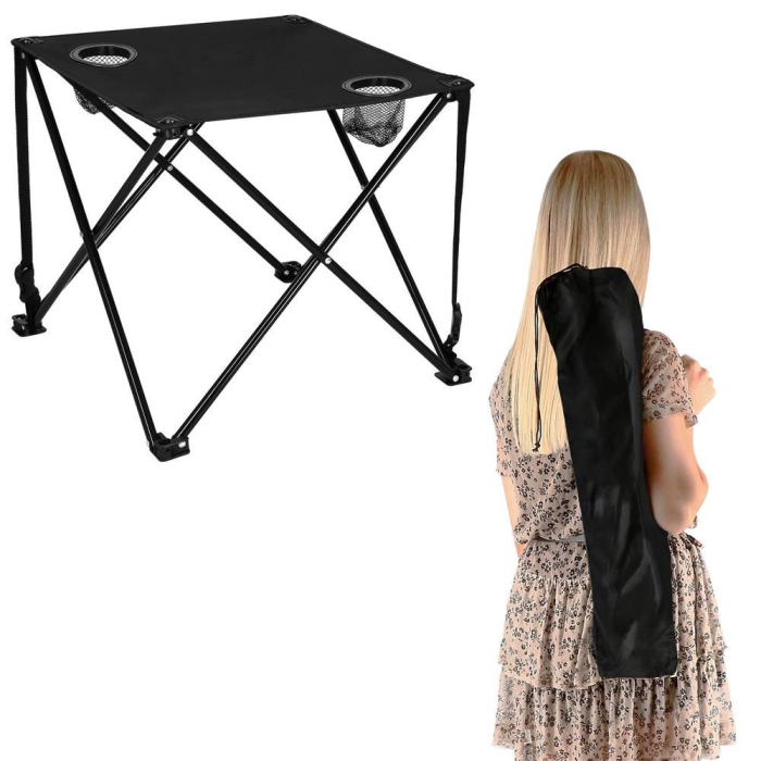 Masa plianta camping sau pescuit, cu 2 suporturi pahar, 46x46x45 cm, negru [16]
