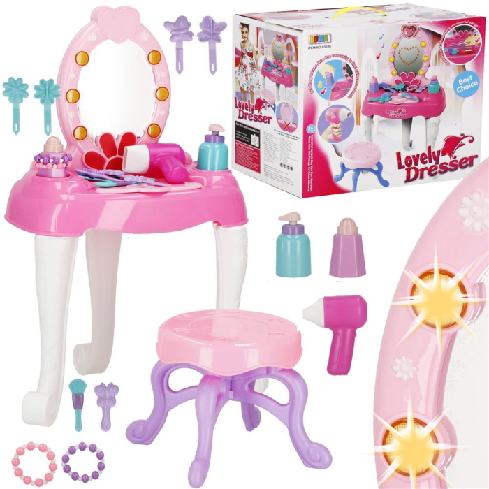 Masa toaleta pentru copii, cu taburet, 19 accesorii joaca, din plastic, 37x20x60 cm, roz [2]