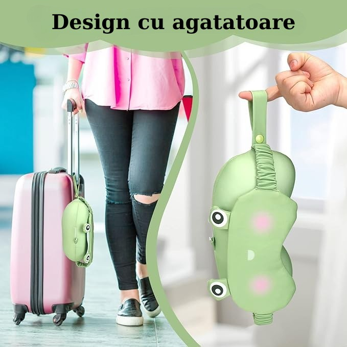 Masca de dormit, , 2 in 1, cu Tetiera, din Particule de Spuma si Bumbac, Model Broasca ,Verde [5]