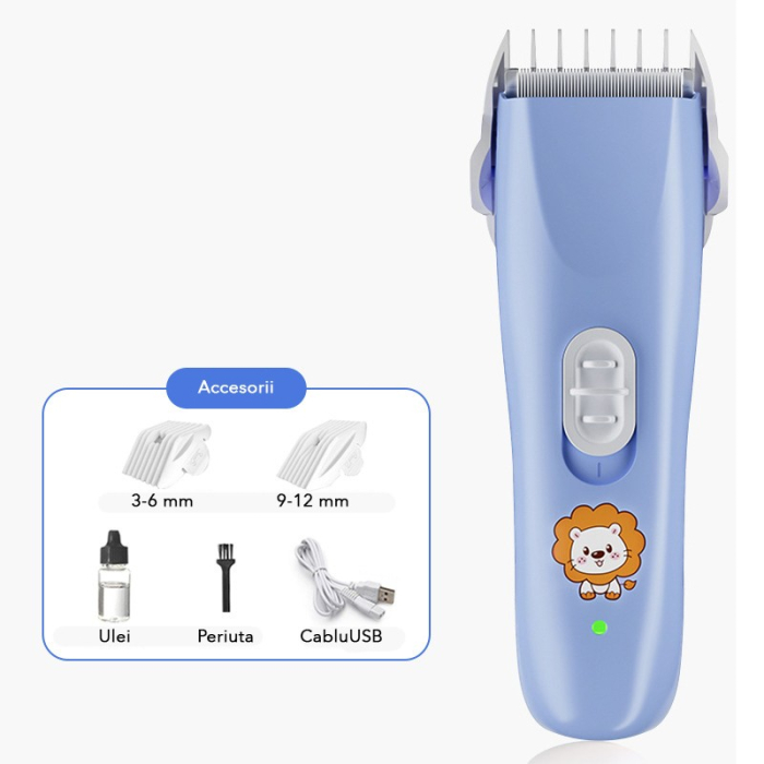 Masina De Tuns Bebelusi si Copii, , Lame Cermice si Inox, Fara Fir, Functie Anti Taiere, Silentios, 50 W, Rezistent la Apa, 2 Accesorii, Incarcator USB, Model Leu, Albastru [2]