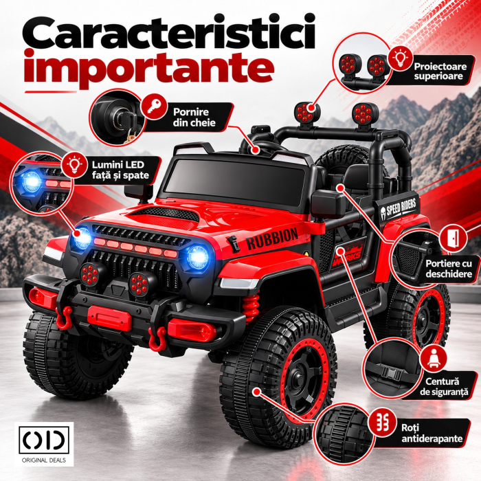 Masina Electrica pentru Copii, , Off-Road, Conectare Bluetooth, telecomanda, Tractiune Spate, Lumina Intermitenta, Baterie 12V 7Ah, 120 x 63 x 68cm, Rosu [3]