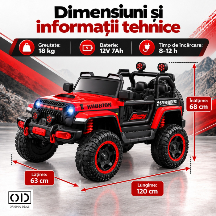 Masina Electrica pentru Copii, , Off-Road, Conectare Bluetooth, telecomanda, Tractiune Spate, Lumina Intermitenta, Baterie 12V 7Ah, 120 x 63 x 68cm, Rosu [5]